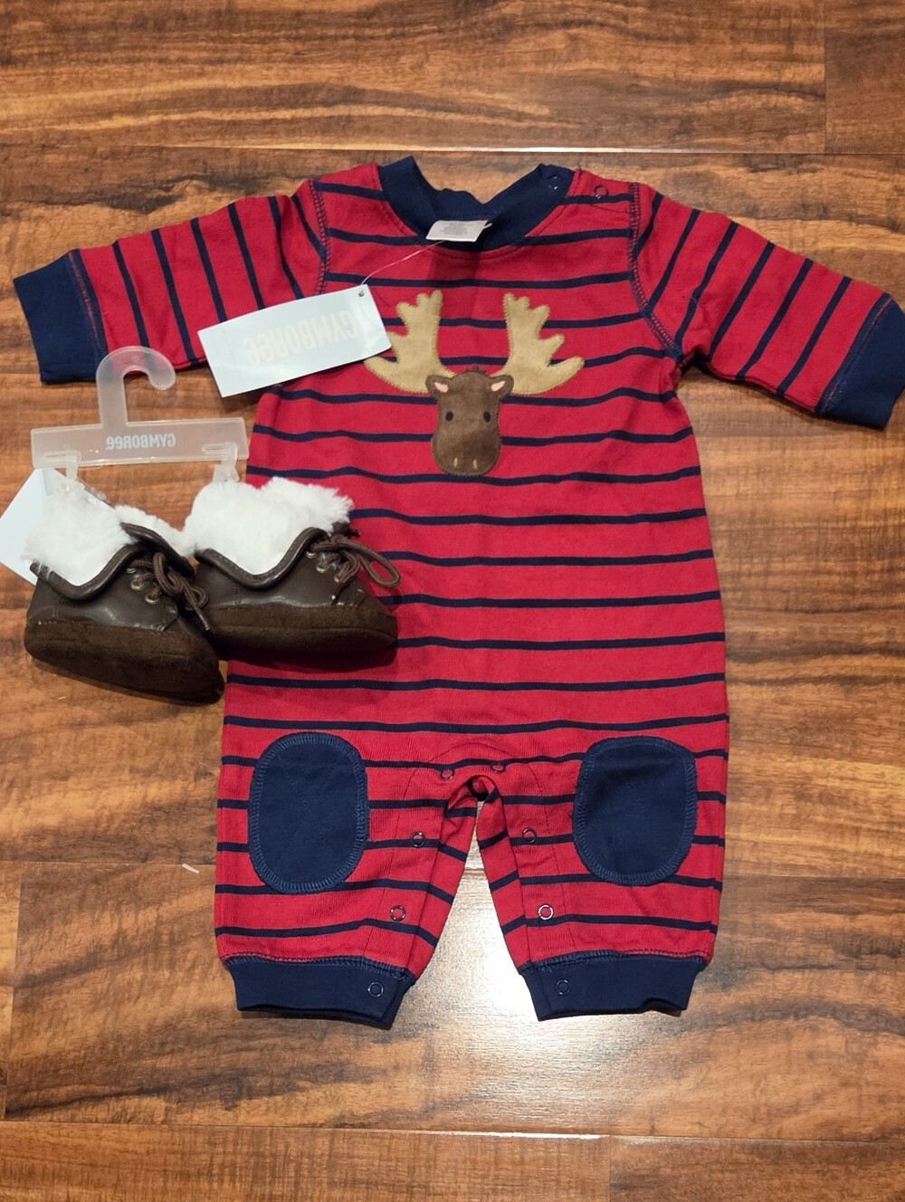 Gymboree NWT 0-3 Months Red & Navy Striped Moose One-Piece Romper & Fur Boots